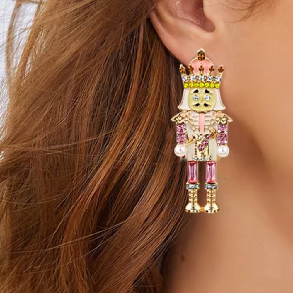 Pink Nutcracker Earrings – Holiday Statement Jewelry with Crystals & Pearls - Picture 8 of 8